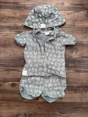 Baby Muslin Romper with Hood - Seafoam Green & White Shell Print